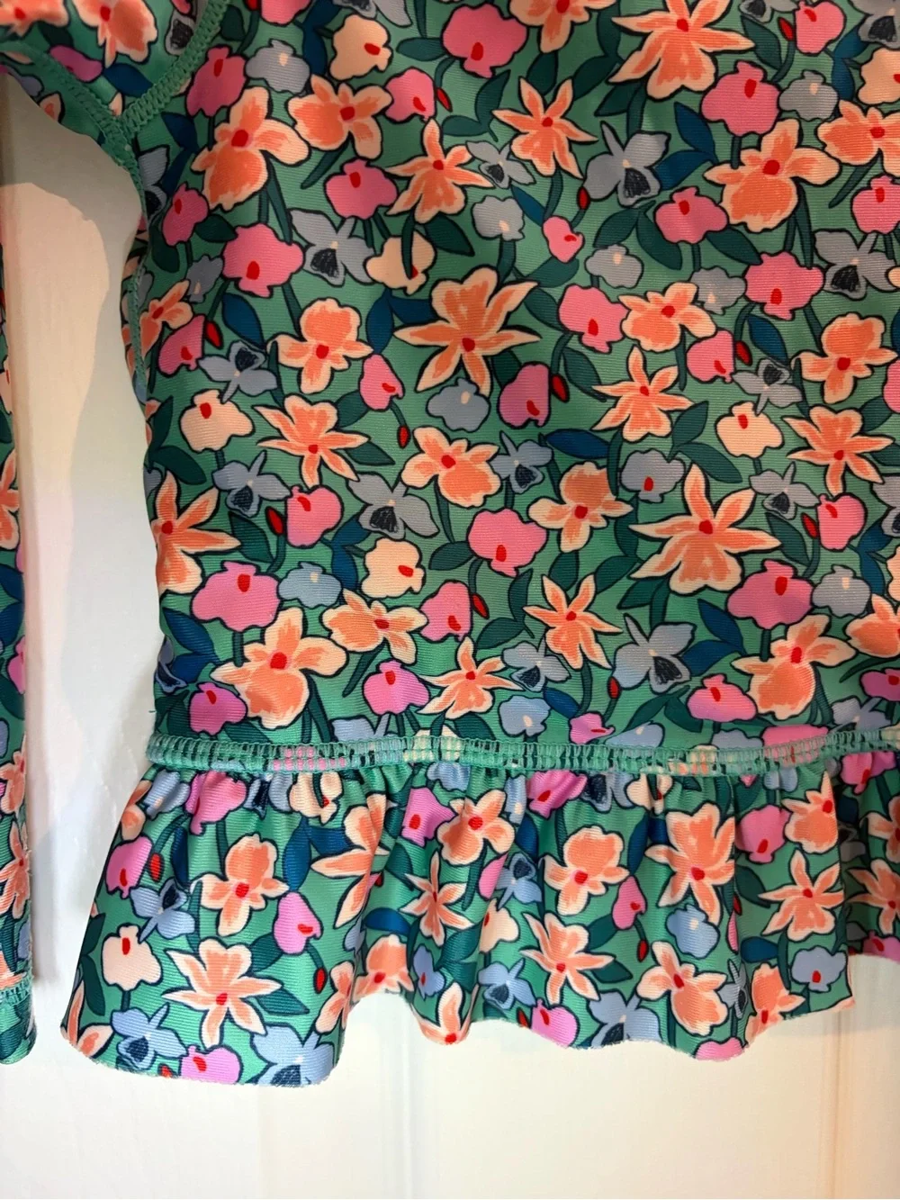 Tea Collection Teal Rashguard W/Ruffle Bottom - Teal, Pink, & Peach Floral - 2T